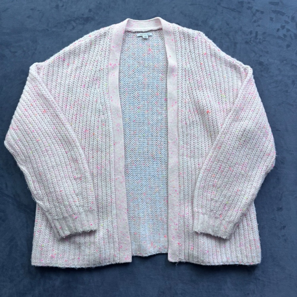 American Eagle Confetti Chunky Knit Cardigan Neon Pink Orange Cream L